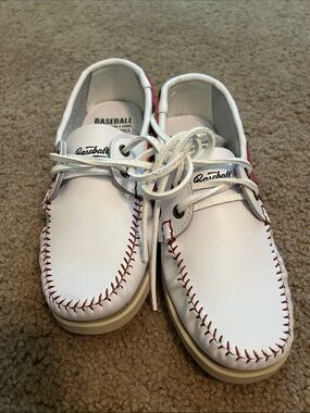 Baseball White Leather Boat Shoes with Red Stitching